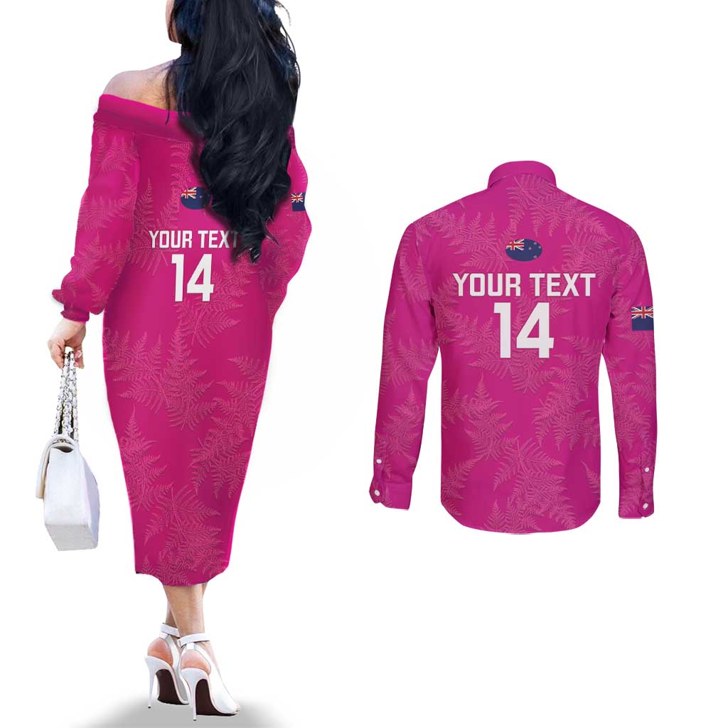 Custom New Zealand Silver Fern Rugby Couples Matching Off The Shoulder Long Sleeve Dress and Long Sleeve Button Shirt Go Aotearoa - Pink Version LT14 - Polynesian Pride