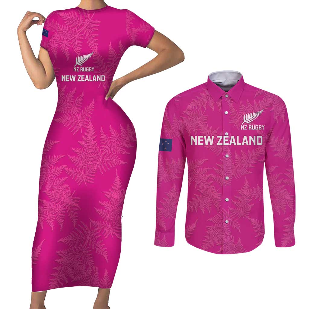 Custom New Zealand Silver Fern Rugby Couples Matching Short Sleeve Bodycon Dress and Long Sleeve Button Shirt Go Aotearoa - Pink Version LT14 Pink - Polynesian Pride