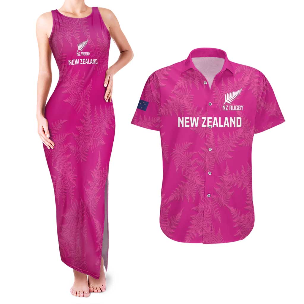 Custom New Zealand Silver Fern Rugby Couples Matching Tank Maxi Dress and Hawaiian Shirt Go Aotearoa - Pink Version LT14 Pink - Polynesian Pride