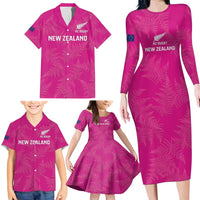 Custom New Zealand Silver Fern Rugby Family Matching Long Sleeve Bodycon Dress and Hawaiian Shirt Go Aotearoa - Pink Version LT14 - Polynesian Pride