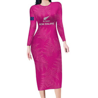 Custom New Zealand Silver Fern Rugby Family Matching Long Sleeve Bodycon Dress and Hawaiian Shirt Go Aotearoa - Pink Version LT14 Mom's Dress Pink - Polynesian Pride