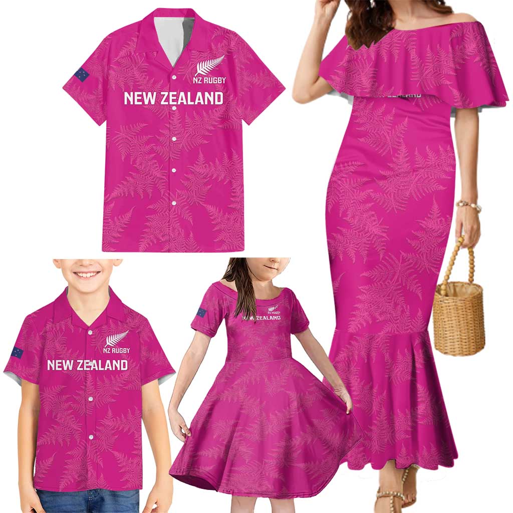 Custom New Zealand Silver Fern Rugby Family Matching Mermaid Dress and Hawaiian Shirt Go Aotearoa - Pink Version LT14 - Polynesian Pride