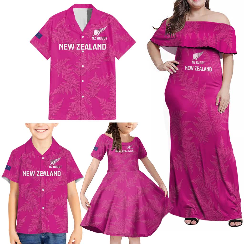 Custom New Zealand Silver Fern Rugby Family Matching Off Shoulder Maxi Dress and Hawaiian Shirt Go Aotearoa - Pink Version LT14 - Polynesian Pride
