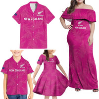 Custom New Zealand Silver Fern Rugby Family Matching Off Shoulder Maxi Dress and Hawaiian Shirt Go Aotearoa - Pink Version LT14 - Polynesian Pride