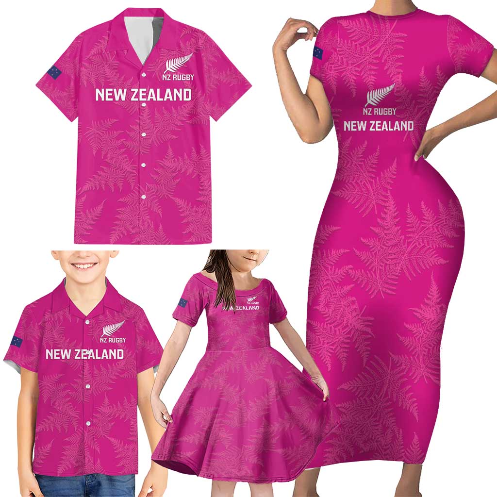 Custom New Zealand Silver Fern Rugby Family Matching Short Sleeve Bodycon Dress and Hawaiian Shirt Go Aotearoa - Pink Version LT14 - Polynesian Pride