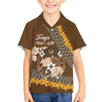 Personalised Tonga Language Week Family Matching Long Sleeve Bodycon Dress and Hawaiian Shirt Malo e Lelei Tongan Ngatu Pattern - Brown