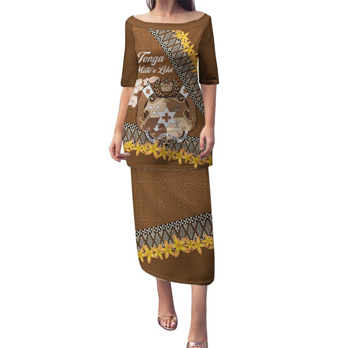 Personalised Tonga Language Week Family Matching Puletasi and Hawaiian Shirt Malo e Lelei Tongan Ngatu Pattern - Brown