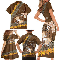 Personalised Tonga Language Week Family Matching Short Sleeve Bodycon Dress and Hawaiian Shirt Malo e Lelei Tongan Ngatu Pattern - Brown