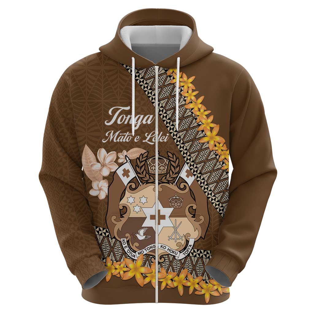 Personalised Tonga Language Week Zip Hoodie Malo e Lelei Tongan Ngatu Pattern - Brown