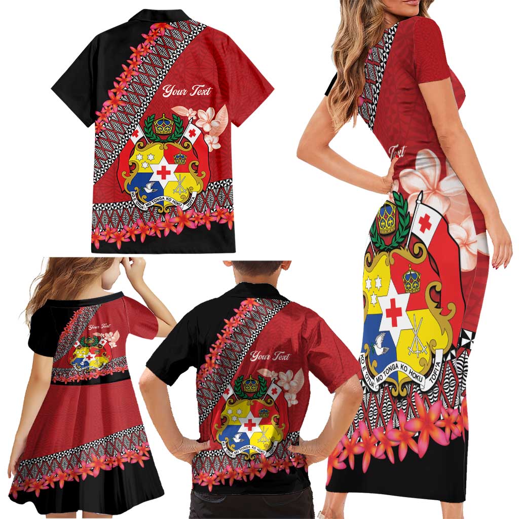 Personalised Tonga Language Week Family Matching Short Sleeve Bodycon Dress and Hawaiian Shirt Malo e Lelei Tongan Ngatu Pattern - Red