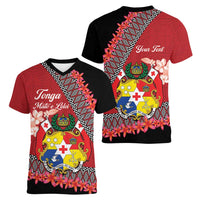 Personalised Tonga Language Week Women V-Neck T-Shirt Malo e Lelei Tongan Ngatu Pattern - Red