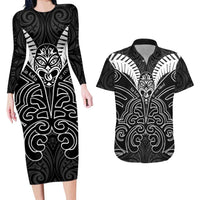 Kia Kaha Te Reo Maori Couples Matching Long Sleeve Bodycon Dress and Hawaiian Shirt Aotearoa Hei Tiki With Hongi LT14 Black - Polynesian Pride