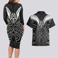 Kia Kaha Te Reo Maori Couples Matching Long Sleeve Bodycon Dress and Hawaiian Shirt Aotearoa Hei Tiki With Hongi LT14 - Polynesian Pride