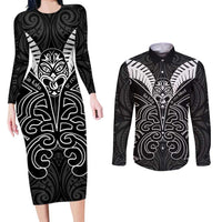 Kia Kaha Te Reo Maori Couples Matching Long Sleeve Bodycon Dress and Long Sleeve Button Shirt Aotearoa Hei Tiki With Hongi LT14 Black - Polynesian Pride