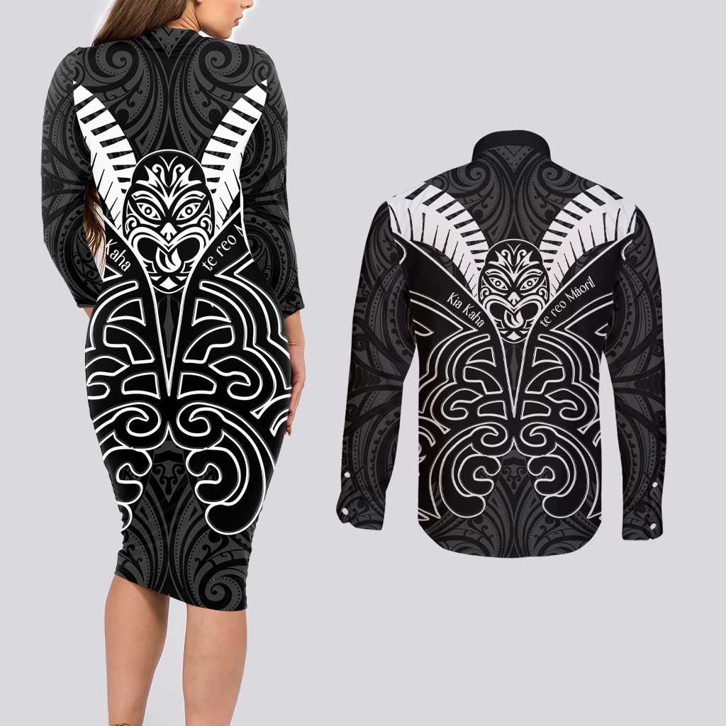 Kia Kaha Te Reo Maori Couples Matching Long Sleeve Bodycon Dress and Long Sleeve Button Shirt Aotearoa Hei Tiki With Hongi LT14 - Polynesian Pride