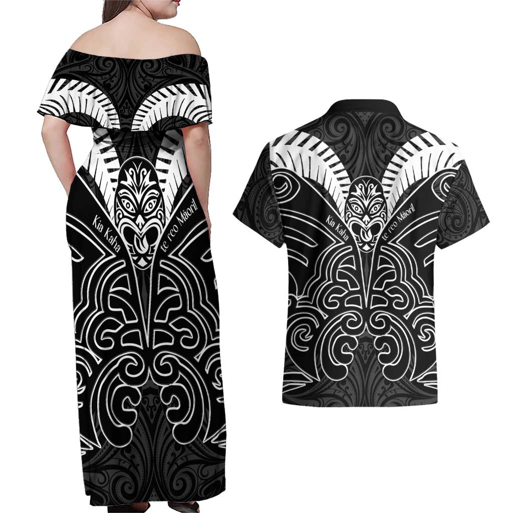 Kia Kaha Te Reo Maori Couples Matching Off Shoulder Maxi Dress and Hawaiian Shirt Aotearoa Hei Tiki With Hongi LT14 - Polynesian Pride