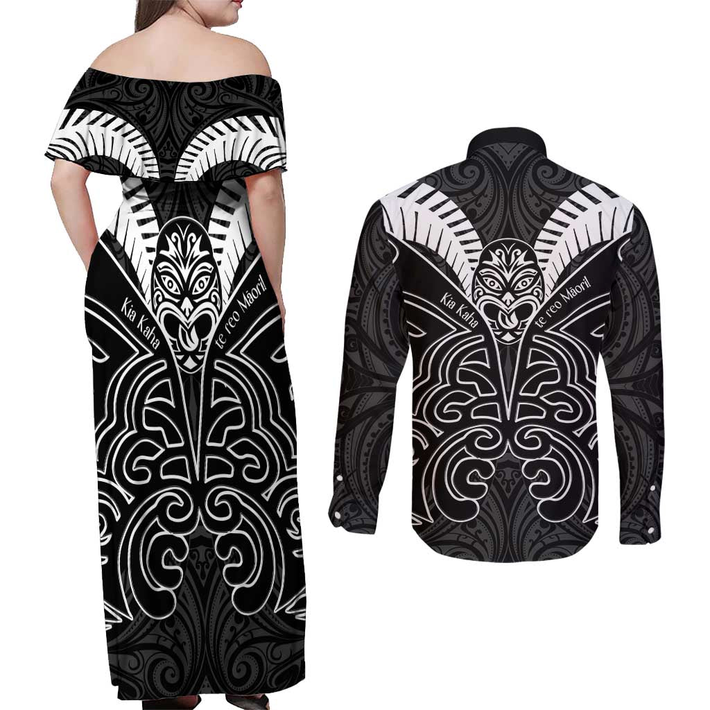 Kia Kaha Te Reo Maori Couples Matching Off Shoulder Maxi Dress and Long Sleeve Button Shirt Aotearoa Hei Tiki With Hongi LT14 - Polynesian Pride