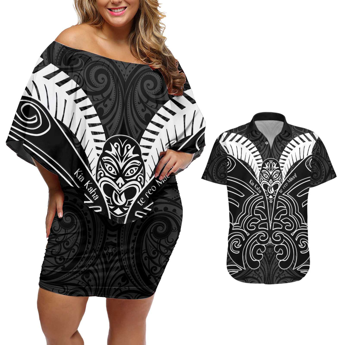 Kia Kaha Te Reo Maori Couples Matching Off Shoulder Short Dress and Hawaiian Shirt Aotearoa Hei Tiki With Hongi LT14 Black - Polynesian Pride