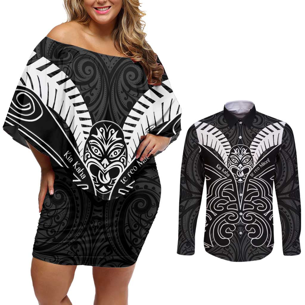 Kia Kaha Te Reo Maori Couples Matching Off Shoulder Short Dress and Long Sleeve Button Shirt Aotearoa Hei Tiki With Hongi LT14 Black - Polynesian Pride