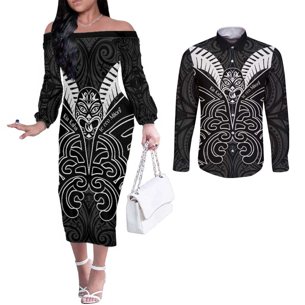 Kia Kaha Te Reo Maori Couples Matching Off The Shoulder Long Sleeve Dress and Long Sleeve Button Shirt Aotearoa Hei Tiki With Hongi