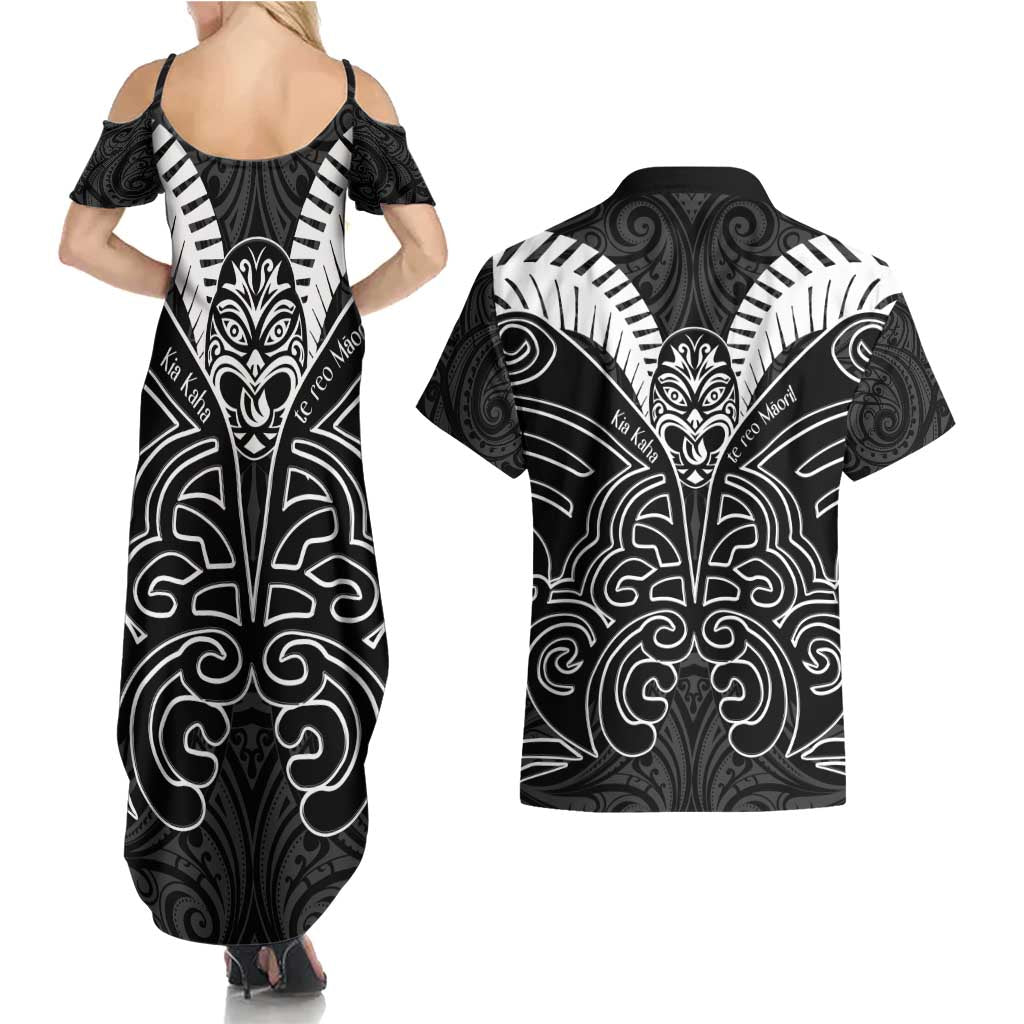 Kia Kaha Te Reo Maori Couples Matching Summer Maxi Dress and Hawaiian Shirt Aotearoa Hei Tiki With Hongi LT14 - Polynesian Pride