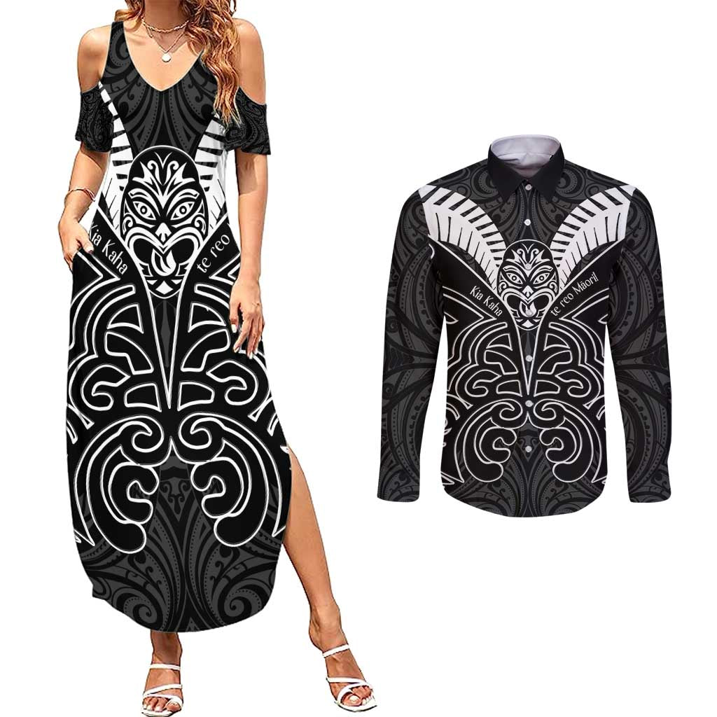 Kia Kaha Te Reo Maori Couples Matching Summer Maxi Dress and Long Sleeve Button Shirt Aotearoa Hei Tiki With Hongi LT14 Black - Polynesian Pride