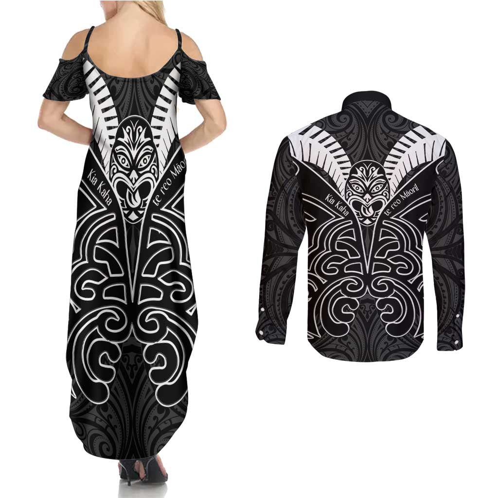 Kia Kaha Te Reo Maori Couples Matching Summer Maxi Dress and Long Sleeve Button Shirt Aotearoa Hei Tiki With Hongi LT14 - Polynesian Pride