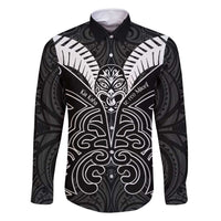 Kia Kaha Te Reo Maori Family Matching Mermaid Dress and Hawaiian Shirt Aotearoa Hei Tiki With Hongi LT14 Dad's Shirt - Long Sleeve Black - Polynesian Pride