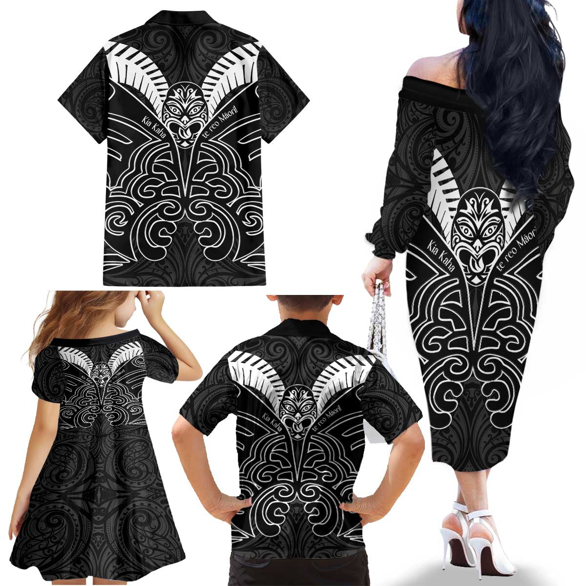Kia Kaha Te Reo Maori Family Matching Off The Shoulder Long Sleeve Dress and Hawaiian Shirt Aotearoa Hei Tiki With Hongi LT14 - Polynesian Pride