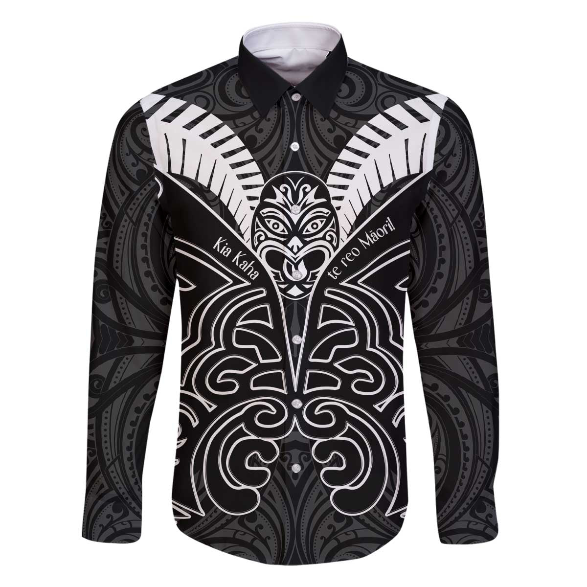 Kia Kaha Te Reo Maori Family Matching Off The Shoulder Long Sleeve Dress and Hawaiian Shirt Aotearoa Hei Tiki With Hongi LT14 Dad's Shirt - Long Sleeve Black - Polynesian Pride