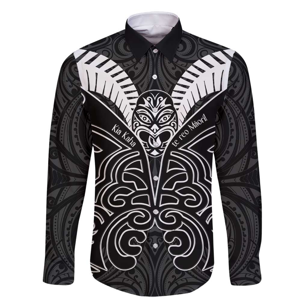 Kia Kaha Te Reo Maori Family Matching Off Shoulder Maxi Dress and Hawaiian Shirt Aotearoa Hei Tiki With Hongi LT14 Dad's Shirt - Long Sleeve Black - Polynesian Pride