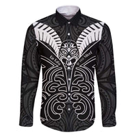 Kia Kaha Te Reo Maori Family Matching Off Shoulder Short Dress and Hawaiian Shirt Aotearoa Hei Tiki With Hongi LT14 Dad's Shirt - Long Sleeve Black - Polynesian Pride