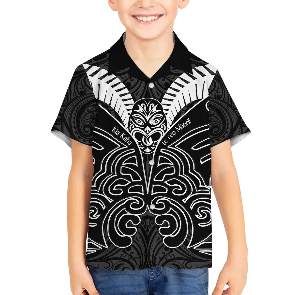 Kia Kaha Te Reo Maori Family Matching Off Shoulder Short Dress and Hawaiian Shirt Aotearoa Hei Tiki With Hongi LT14 Son's Shirt Black - Polynesian Pride