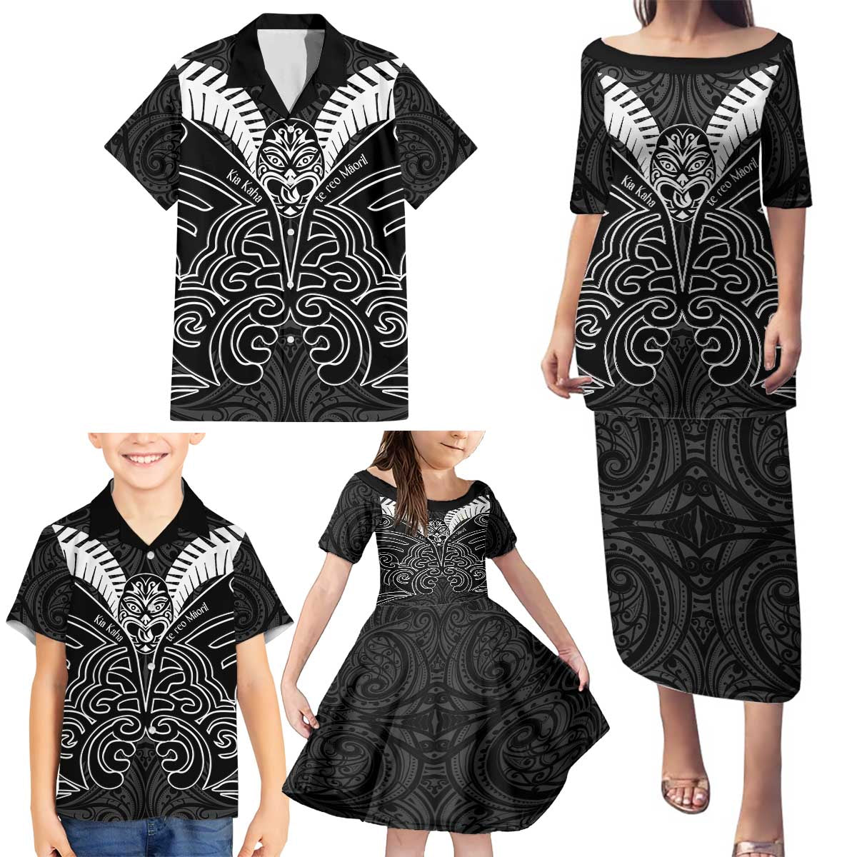 Kia Kaha Te Reo Maori Family Matching Puletasi and Hawaiian Shirt Aotearoa Hei Tiki With Hongi LT14 - Polynesian Pride