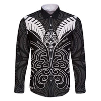 Kia Kaha Te Reo Maori Family Matching Puletasi and Hawaiian Shirt Aotearoa Hei Tiki With Hongi LT14 Dad's Shirt - Long Sleeve Black - Polynesian Pride