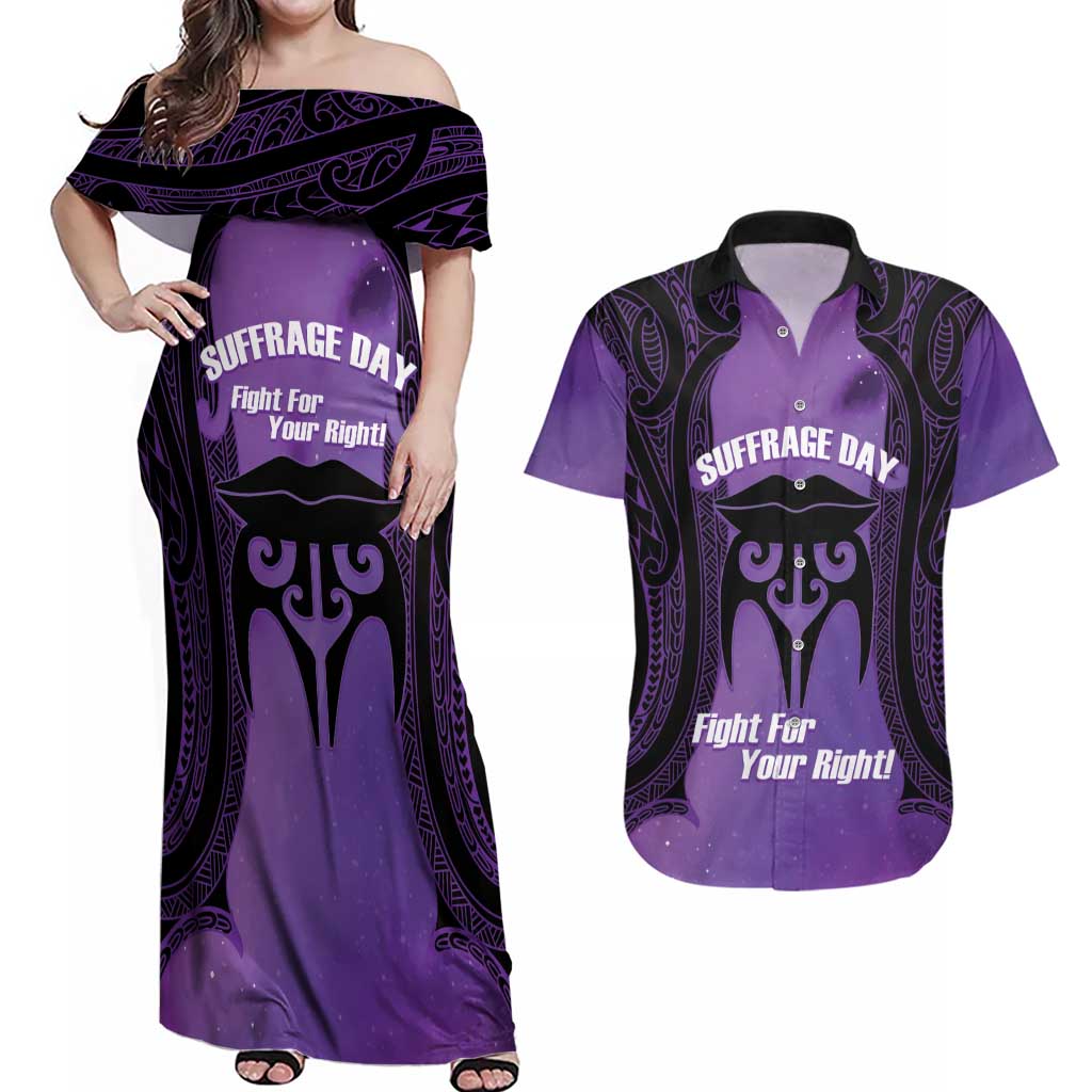 Personalised New Zealand Suffrage Day Couples Matching Off Shoulder Maxi Dress and Hawaiian Shirt Maori Tattoo Galaxy Vibe LT14 Purple - Polynesian Pride
