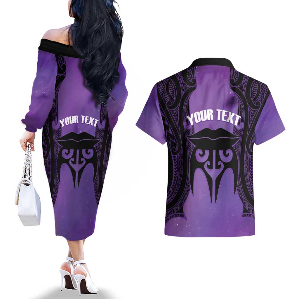 Personalised New Zealand Suffrage Day Couples Matching Off The Shoulder Long Sleeve Dress and Hawaiian Shirt Maori Tattoo Galaxy Vibe LT14 - Polynesian Pride
