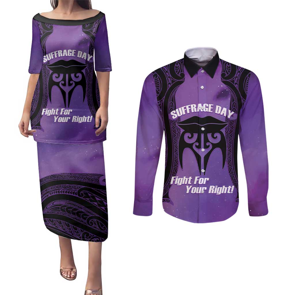 Personalised New Zealand Suffrage Day Couples Matching Puletasi and Long Sleeve Button Shirt Maori Tattoo Galaxy Vibe - Polynesian Pride