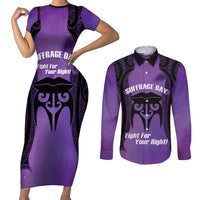 Personalised New Zealand Suffrage Day Couples Matching Short Sleeve Bodycon Dress and Long Sleeve Button Shirt Maori Tattoo Galaxy Vibe LT14 Purple - Polynesian Pride