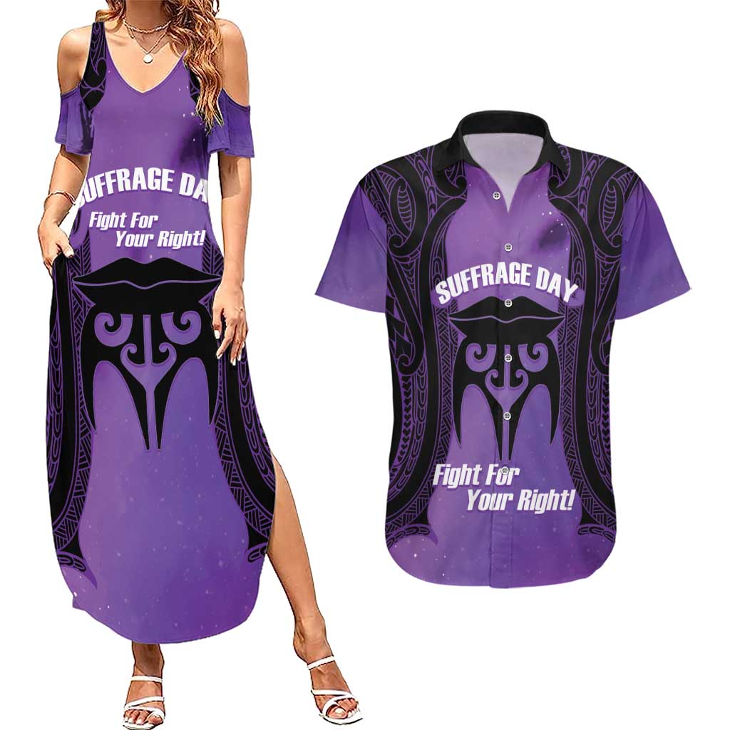 Personalised New Zealand Suffrage Day Couples Matching Summer Maxi Dress and Hawaiian Shirt Maori Tattoo Galaxy Vibe LT14 Purple - Polynesian Pride