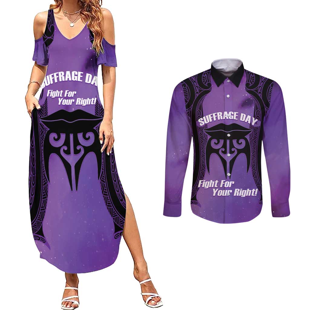 Personalised New Zealand Suffrage Day Couples Matching Summer Maxi Dress and Long Sleeve Button Shirt Maori Tattoo Galaxy Vibe - Polynesian Pride
