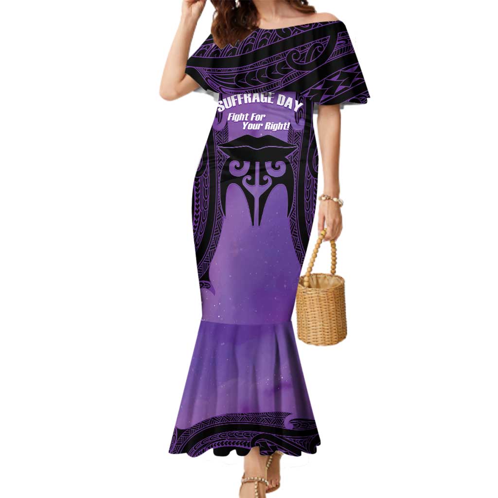 Personalised New Zealand Suffrage Day Family Matching Mermaid Dress and Hawaiian Shirt Maori Tattoo Galaxy Vibe LT14 Mom's Dress Purple - Polynesian Pride
