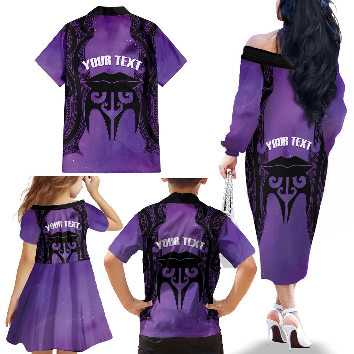 Personalised New Zealand Suffrage Day Family Matching Off The Shoulder Long Sleeve Dress and Hawaiian Shirt Maori Tattoo Galaxy Vibe LT14 - Polynesian Pride