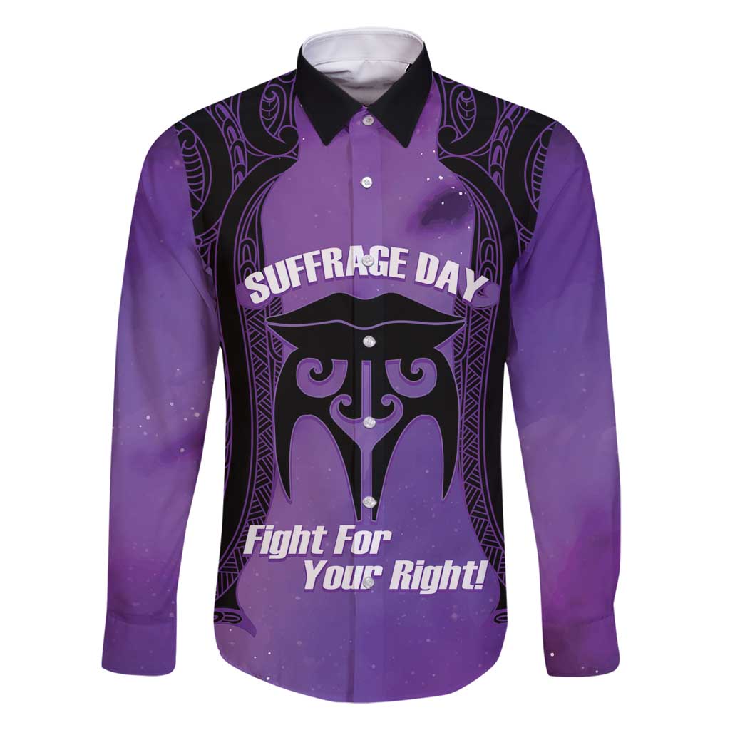 Personalised New Zealand Suffrage Day Family Matching Off Shoulder Maxi Dress and Hawaiian Shirt Maori Tattoo Galaxy Vibe LT14 Dad's Shirt - Long Sleeve Purple - Polynesian Pride
