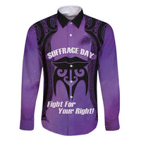 Personalised New Zealand Suffrage Day Family Matching Summer Maxi Dress and Hawaiian Shirt Maori Tattoo Galaxy Vibe LT14 Dad's Shirt - Long Sleeve Purple - Polynesian Pride