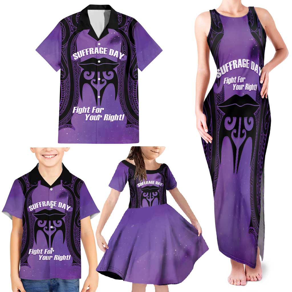 Personalised New Zealand Suffrage Day Family Matching Tank Maxi Dress and Hawaiian Shirt Maori Tattoo Galaxy Vibe LT14 - Polynesian Pride