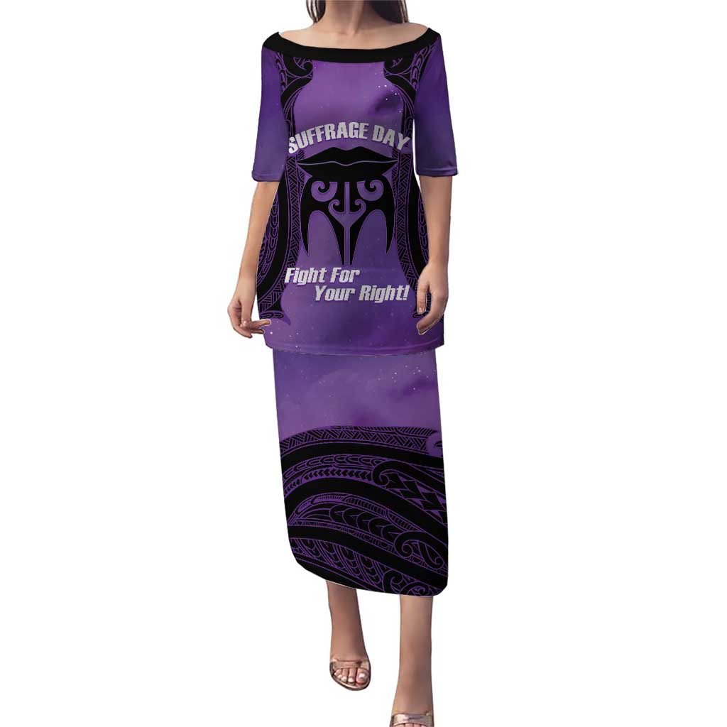 Personalised New Zealand Suffrage Day Puletasi Maori Tattoo Galaxy Vibe LT14 Long Dress Purple - Polynesian Pride