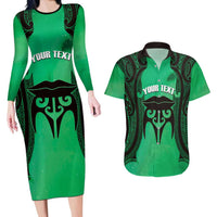 Personalised Moko Kauae New Zealand Couples Matching Long Sleeve Bodycon Dress and Hawaiian Shirt Maori Chin Tattoo Green LT14 Green - Polynesian Pride