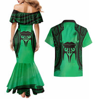 Personalised Moko Kauae New Zealand Couples Matching Mermaid Dress and Hawaiian Shirt Maori Chin Tattoo Green LT14 - Polynesian Pride