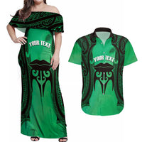 Personalised Moko Kauae New Zealand Couples Matching Off Shoulder Maxi Dress and Hawaiian Shirt Maori Chin Tattoo Green LT14 Green - Polynesian Pride